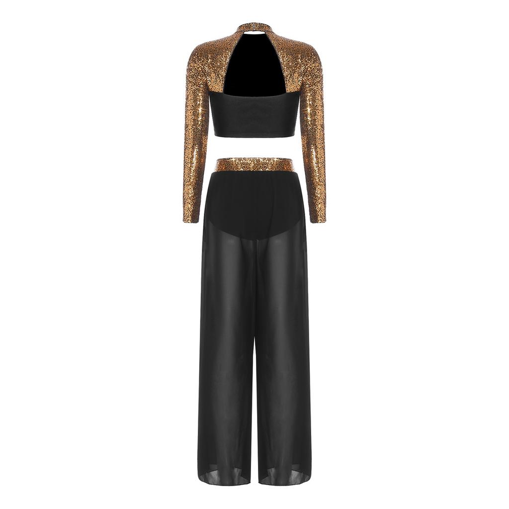 S-XXL Women Two-Piece Lyrical Dance Outfit Mock Neck Long Sleeve Cutout Back Sequins Rhinestones Crop Top with Side Split Sheer Chiffon Pants