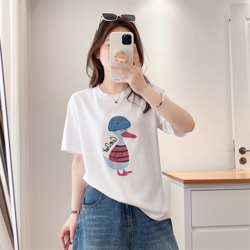 

2026 Summer Plus Size Women s Cotton Cartoon Print Short Sleeve T-Shirt 4XL білий