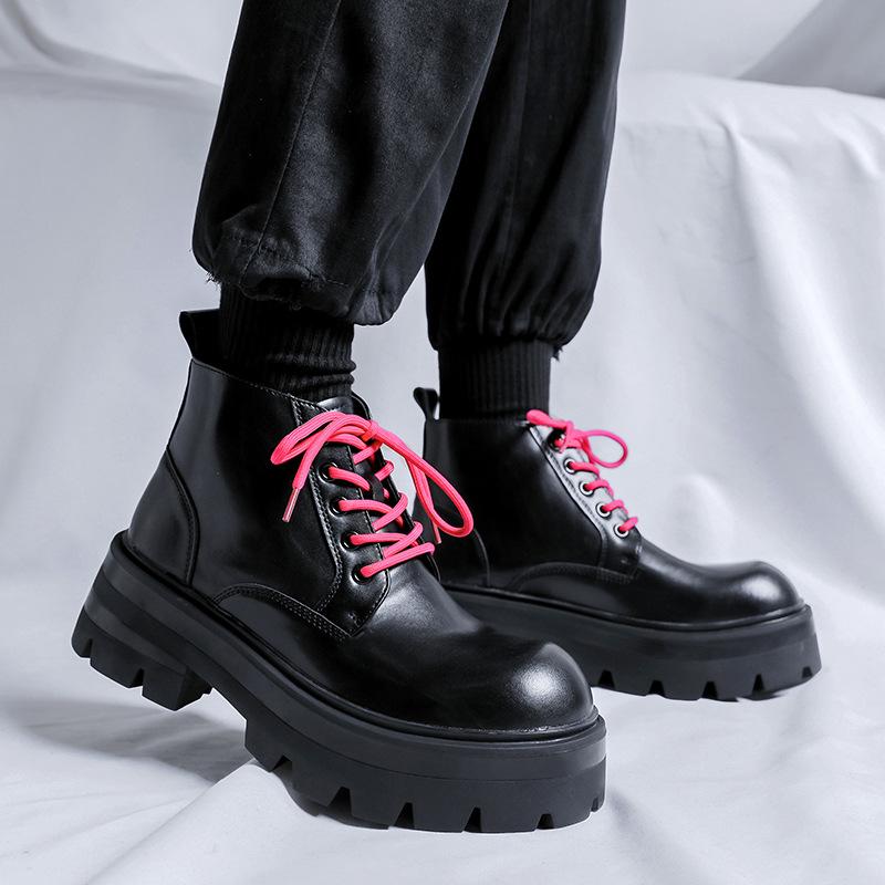 2024 men's shoes spring and autumn casual leather boots platform explosion Internet celebrity men's mid-top leather shoes Martin boots 9155-R