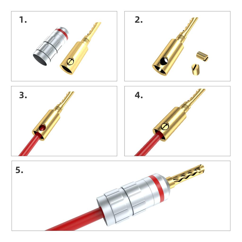 Cleqol Cleqee 24K Gold Plated Banana Solderless Speaker Cable Audio Plugs Plugs, 8-Pack, Screw-In Type, Terminals, Connectors,