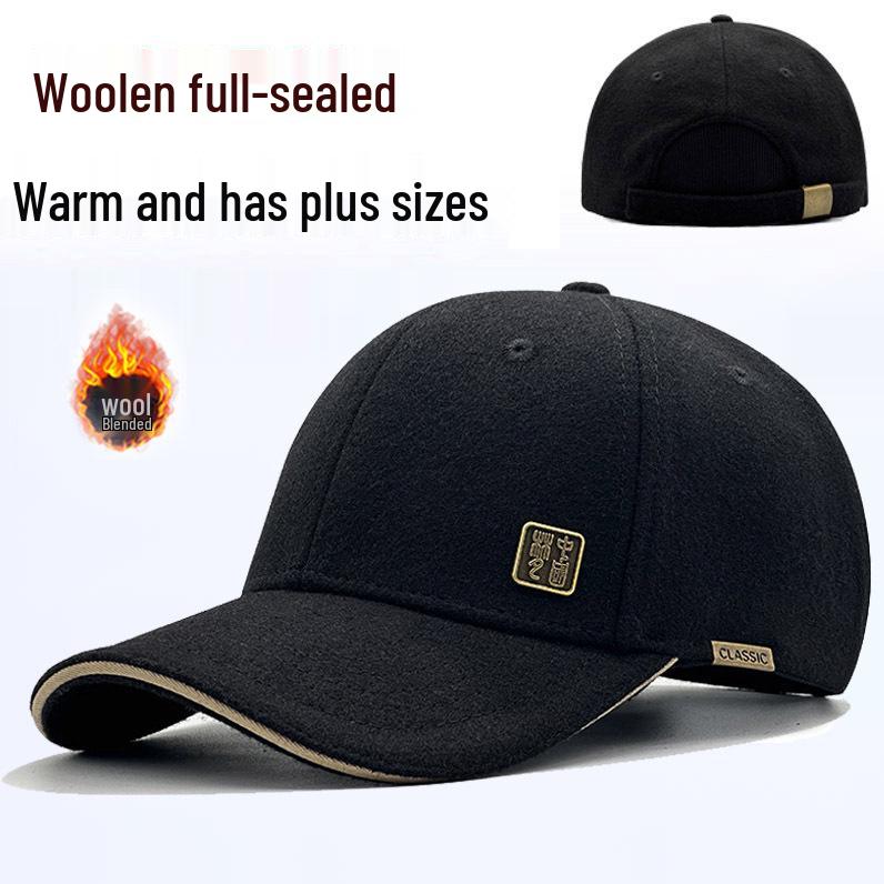 Men's Thick Woolen Winter Baseball Cap with Visor, Plus Velvet Lining, Closed Back, Large Size.