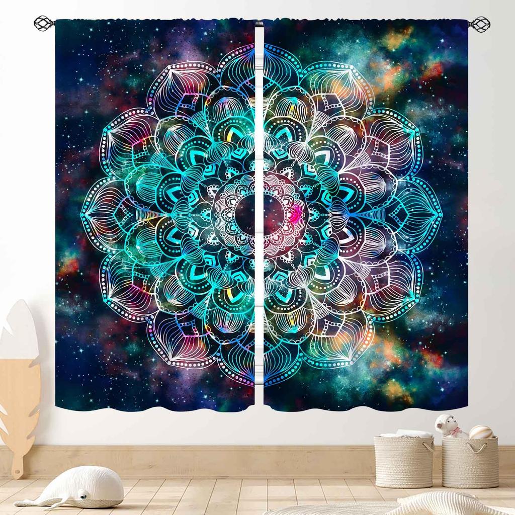 Gradient Mandala Flower Purple Blue Starry Galaxy Blackout Rod Pocket Curtain Boho Mystic Elegant Bedroom Rest Bay Window