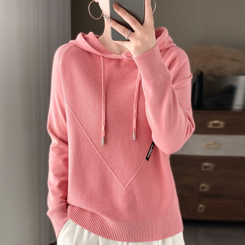 INDFS Women's Fashion Casual Fall Winter Solid Color Print Long Sleeve Hooded Sweaters