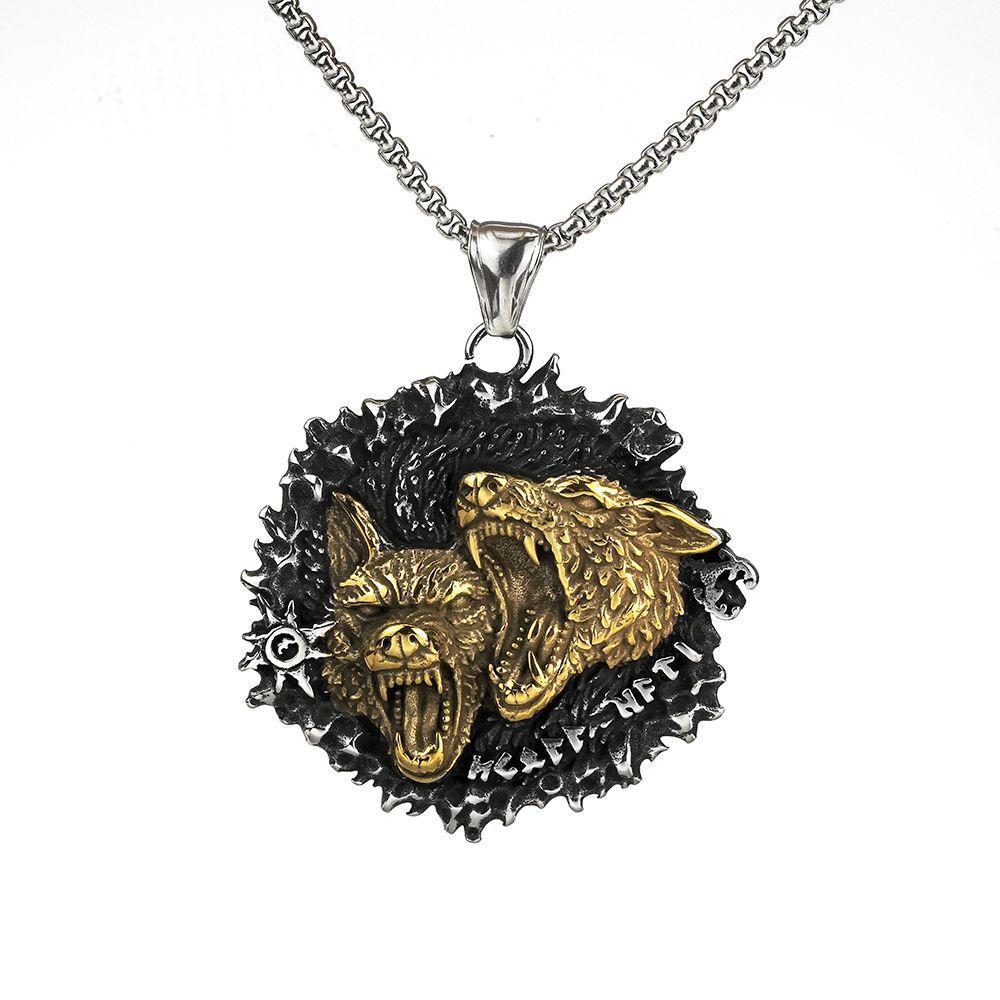 Vintage Viking Style Double Wolf Celtic Knot Stainless Steel Mens Necklace Pendant