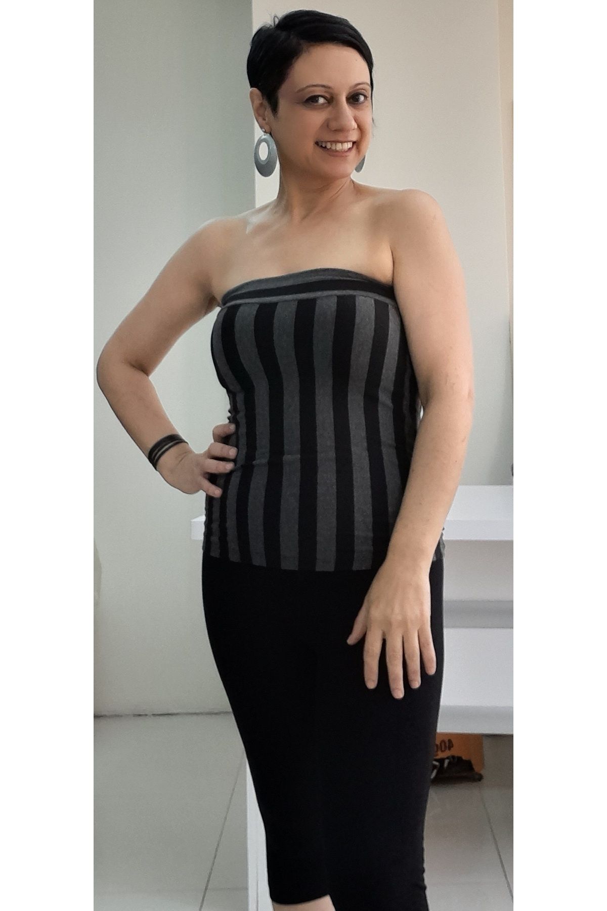 

Women s Style Big Size T-Shirt Black Smoked Striped Combed Cotton Viscose Strapless Badi Athlete T-Shirt 4XL/5XL