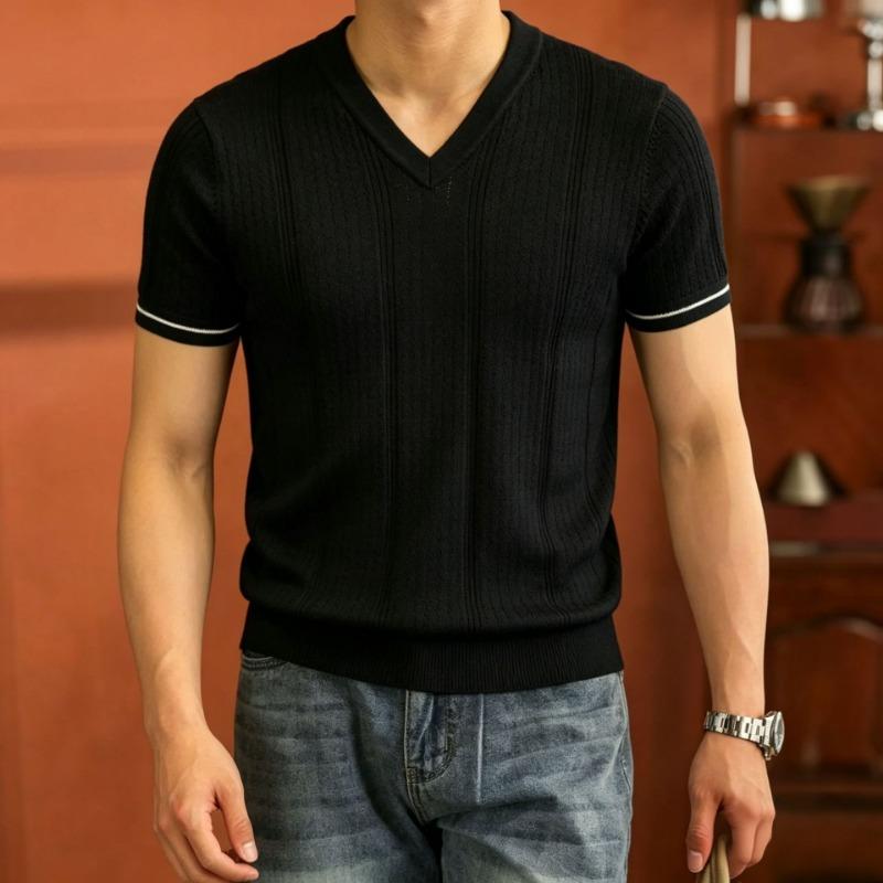 Men S Short Sleeve V Neck Solid Slim Fit Knit Top Summer Casual