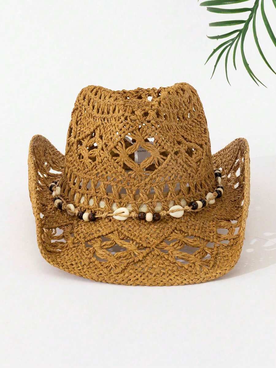 Zealous Sole Women's Khaki Handwoven Straw Cowboy Hat Bohemian Hollow Beach Sun Hat For Outdoor Festival Travel Cm