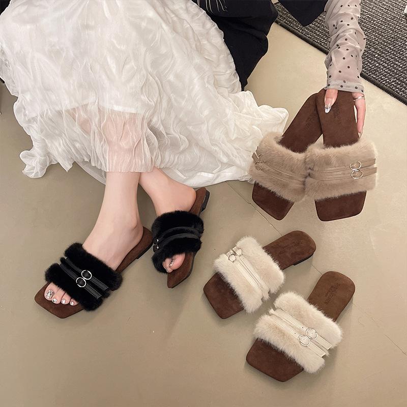 2025 Winter New One-word Drag Rubber and Casual Fashion Comfortable Wear-resistant Half Slippers Versatile Outer Wear Suede