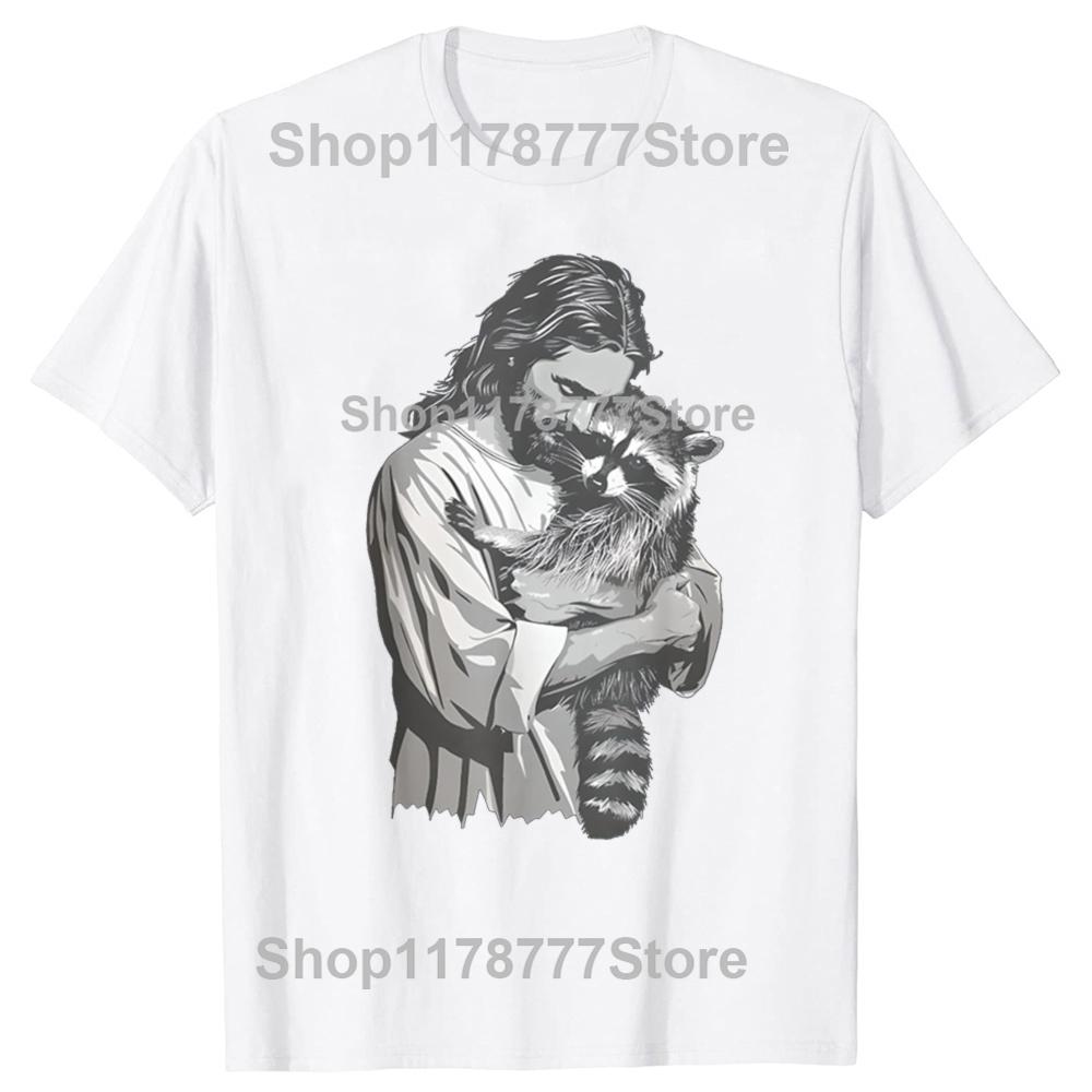 Funny Racoon Lover Trash Christian Jesus T Shirts Cotton Streetwear Birthday Gifts Mens Fashion Casual Loose Oversized T Shirt