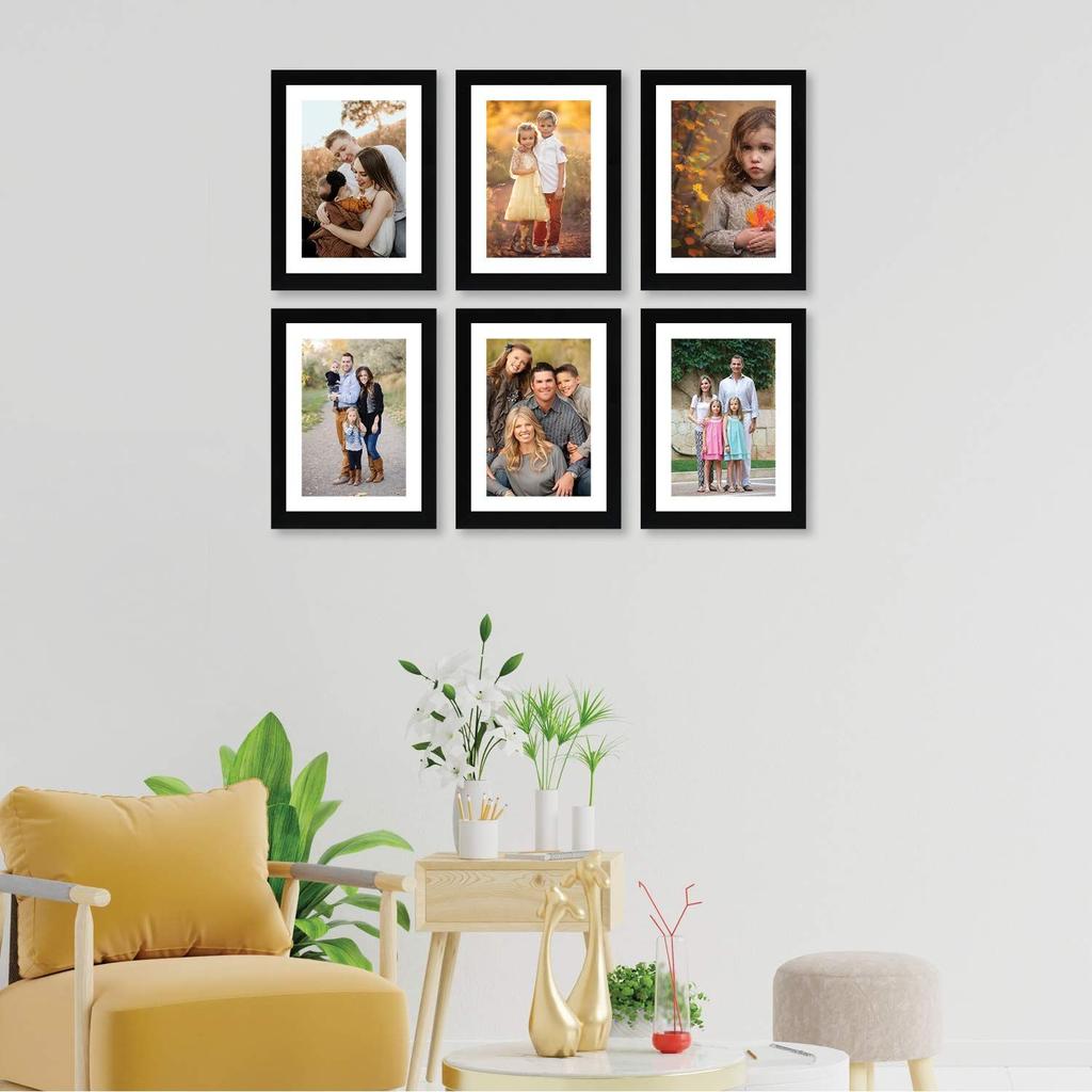 Set Of 6 Photo Frames With Mount Paper (6 X 8 Inch - 6), Black, Wall Mount, Rectangular