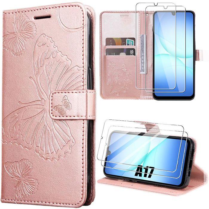 Coque de Protection - BOOLING - Samsung Galaxy A17 4G/5G - Motif Papillon Synthécuir Rose - 2 Vitres