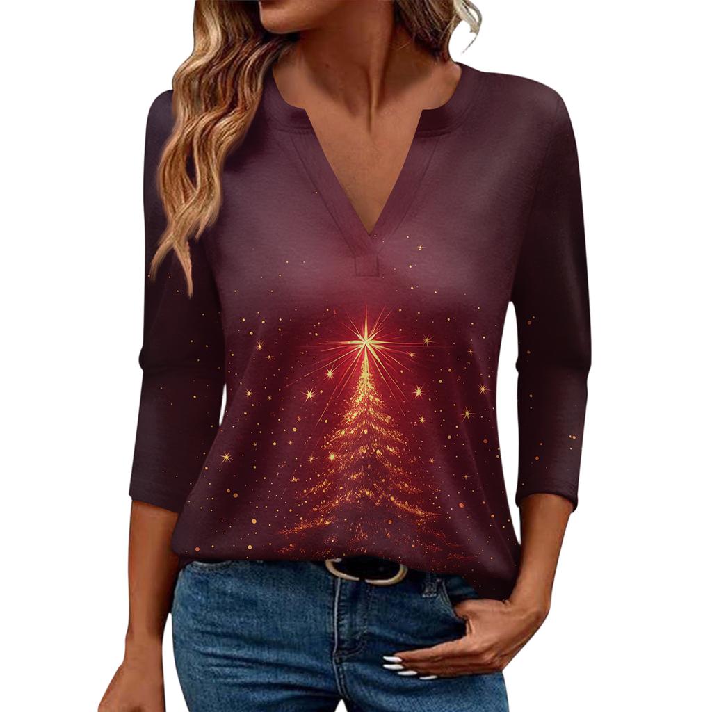 Women's Casual Fashionable Sexy Comfortable V-Neck Christmas Three-Quarter Sleeve Top