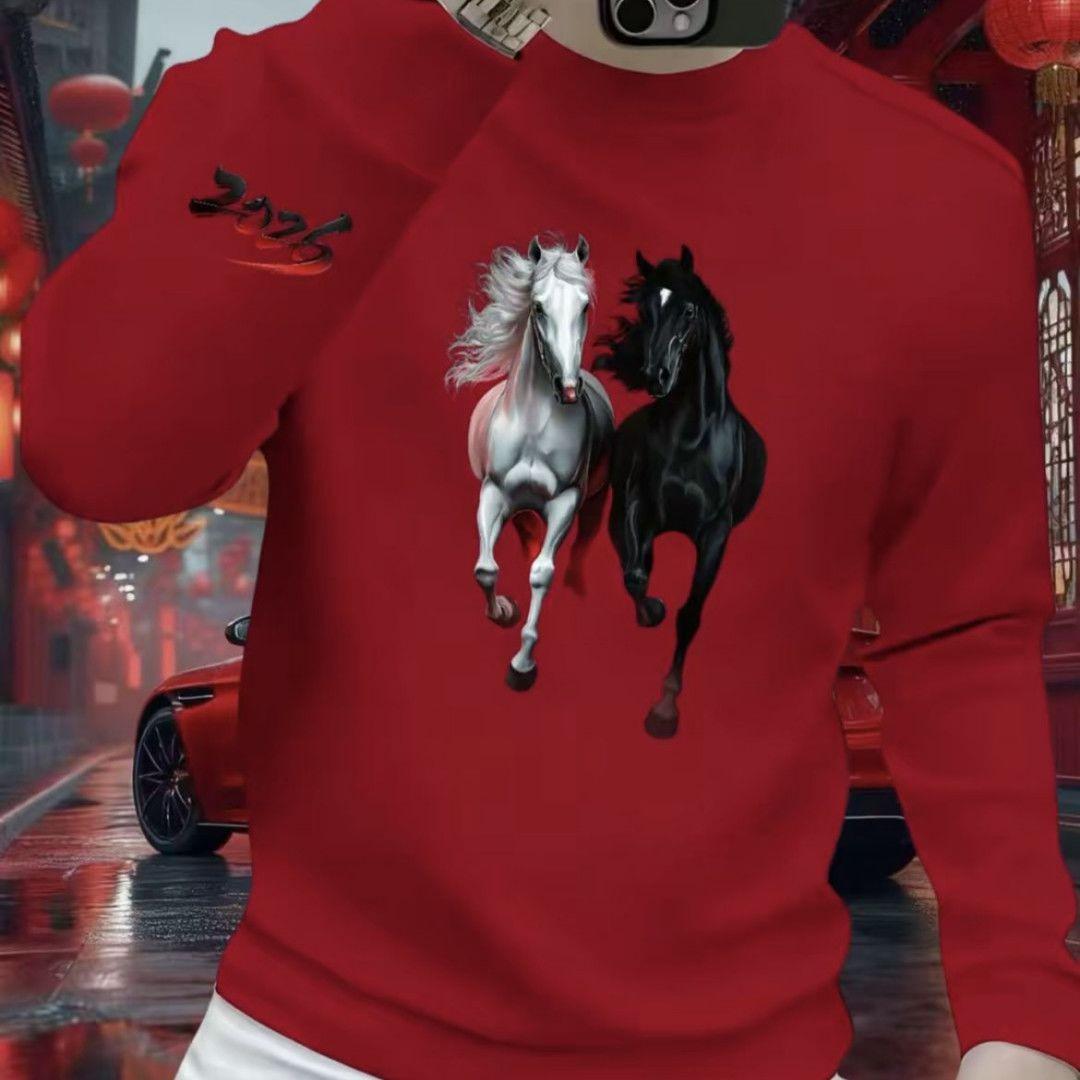2026 Men s Year of the Horse Red Hoodie: Zodiac Festive Slim Fit T-shirt L