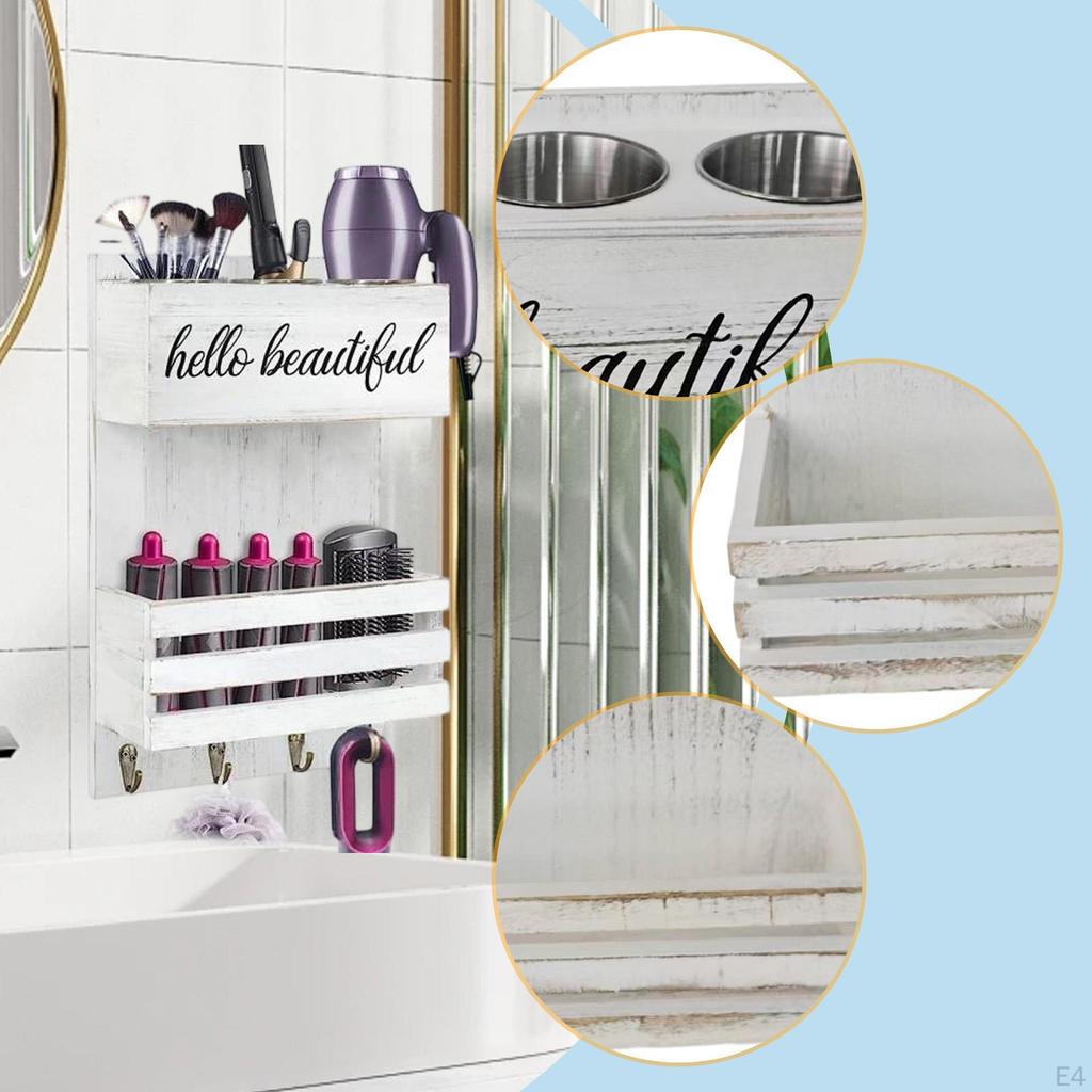 Holder Wall Organizer Storage Shelf Hair Accessories Wooden Tray Three Stainless Steel Cups And