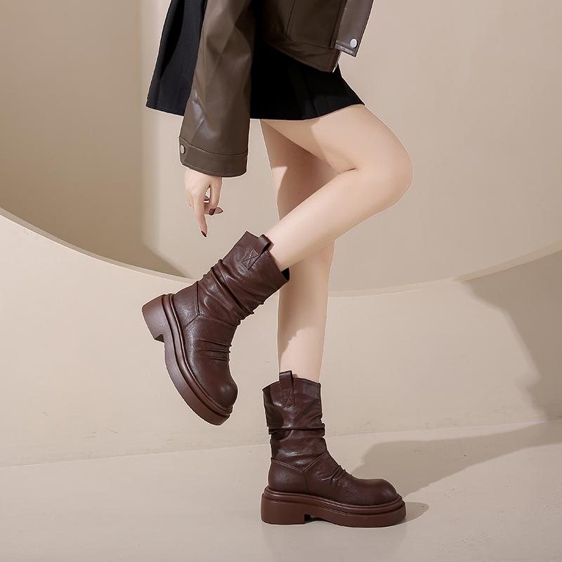 Fashion Autumn Winter Design Pleated Women Ankle Boots Slip On Shoes Thick Heel Modern Short Botas Mujer
