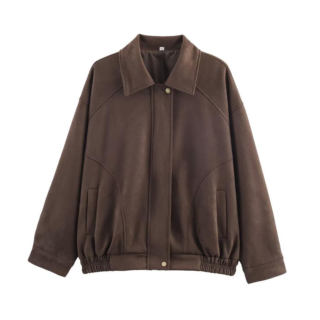 Women's Faux Suede Button Jacket Oversized Gathered Hem Short Length Coat Casual Vintage Outerwear With Pockets