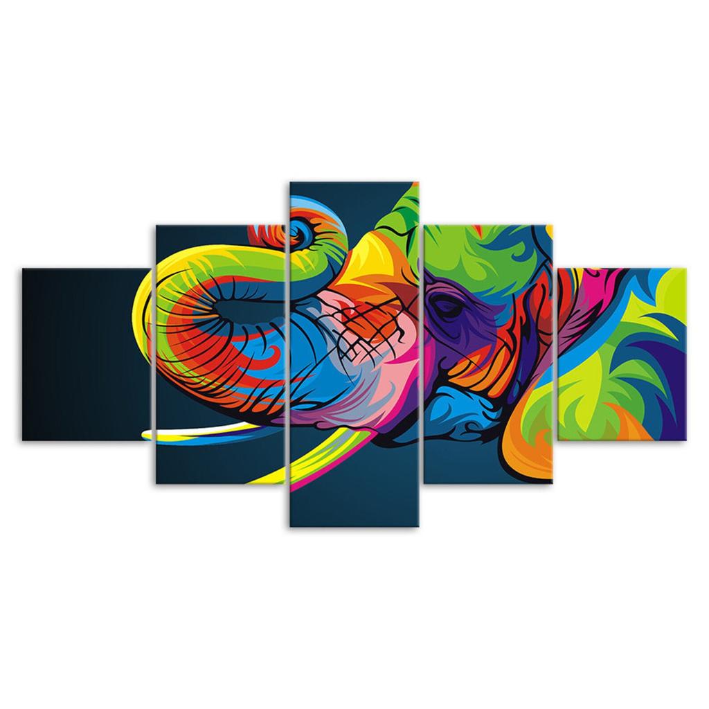 Colorful Elephant Head 5 Piece Five Panel Wall Canvas Print Modern Art Poster Picture Home Decor Gift For Him For Her