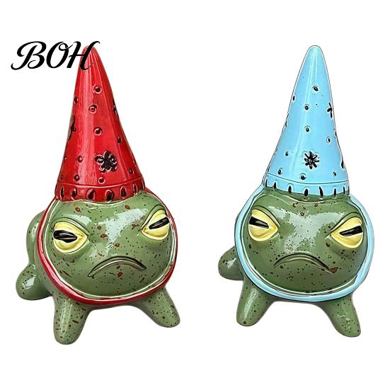 Handmade Frog Sculpture Miniature Figurine, Little Statue with A Party Hat, Decorative Resin Ornament for Outdoor Garden Courtyard Whimsical Decor