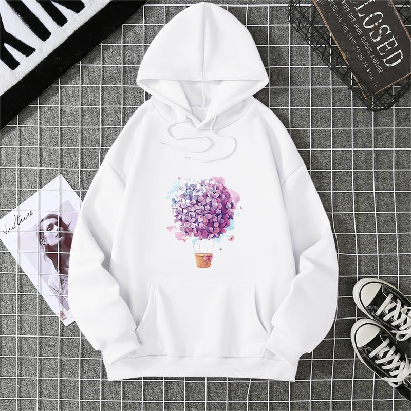 Fashion Balloon Cherry Blossoms Women Hooded Sweatshirt  Funny Printed Hoodie Female Long Sleeve Harajuku Shirts Cartoon
