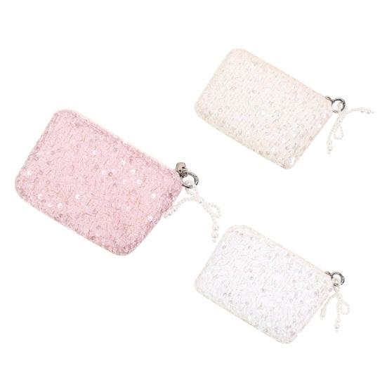 Sequined Cosmetic Bag Girls Stylish Glittery Clutch Makeup Bag with Faux Pearl Bow Zipper Puller Portable Travel Toiletry Organizer for