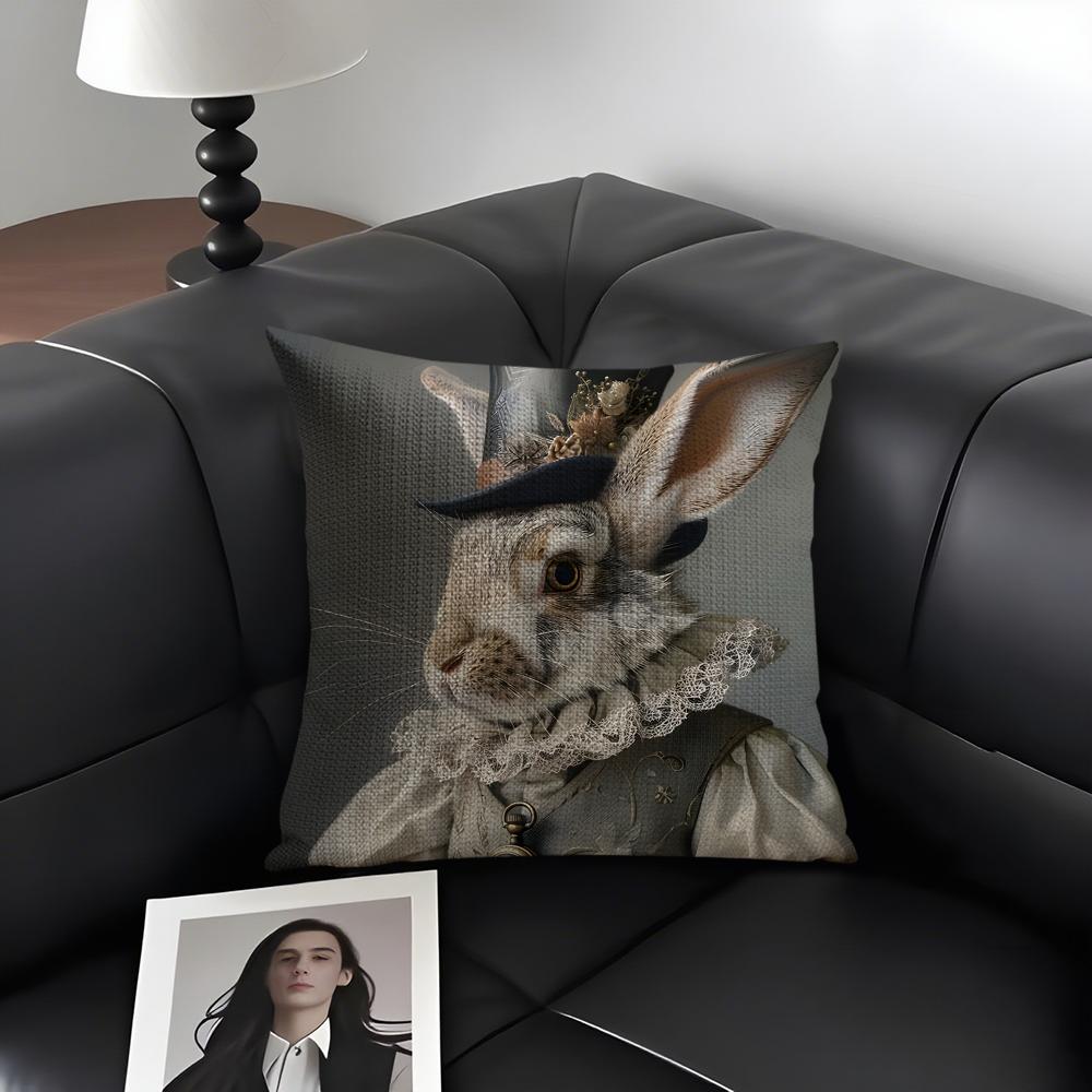 Rabbit Portrait Renaissance Cushion Cover Natural Linen Organic Fabric Double-Sided Printing Sofa Home Decor Gift Pillow Case