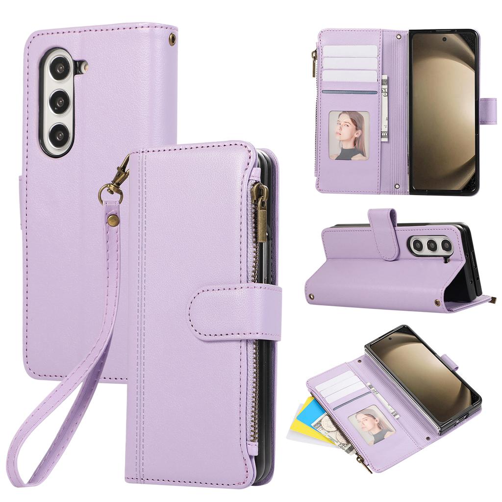 For Samsung Galaxy Z Fold7 5G Case Multi Card Slots Zipper Leather Phone Cover with Wrist Strap
