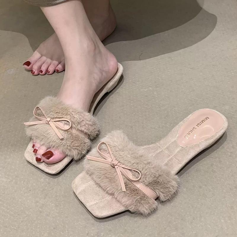 Fashion Bow Women Flats Slippers Fur Fashion Shoes Winter Short Plush Designer Cozy Woman Shoes 2025 Luxury New Dress Mujer De Boots