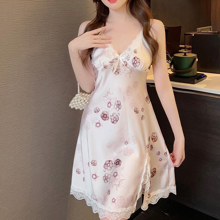 Women's summer print new sexy ice silk nightdress suspender skirt split fork pure desire pajamas with chest pads loungewear