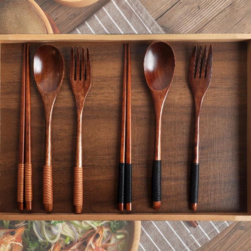 New Handmade Japanese Natural Wood Chopstick Spoon Fork Tableware Set Rice Soup Bamboo Utensil Home Kitchen Dinnerware Suit