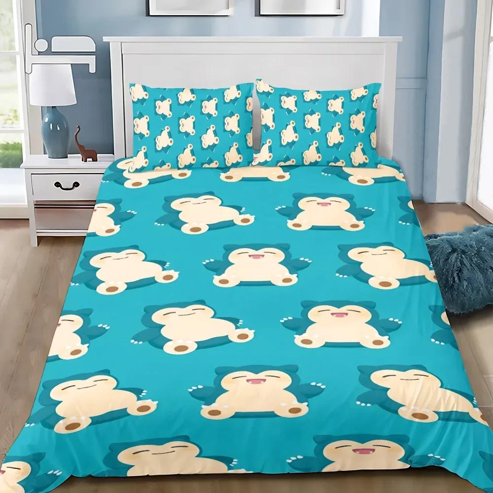 Kawaii Snorlax Bedding Set 3 Pieces Anime Pocket Monster Pattern Breathable Washable Bed Linen for Teens Kids