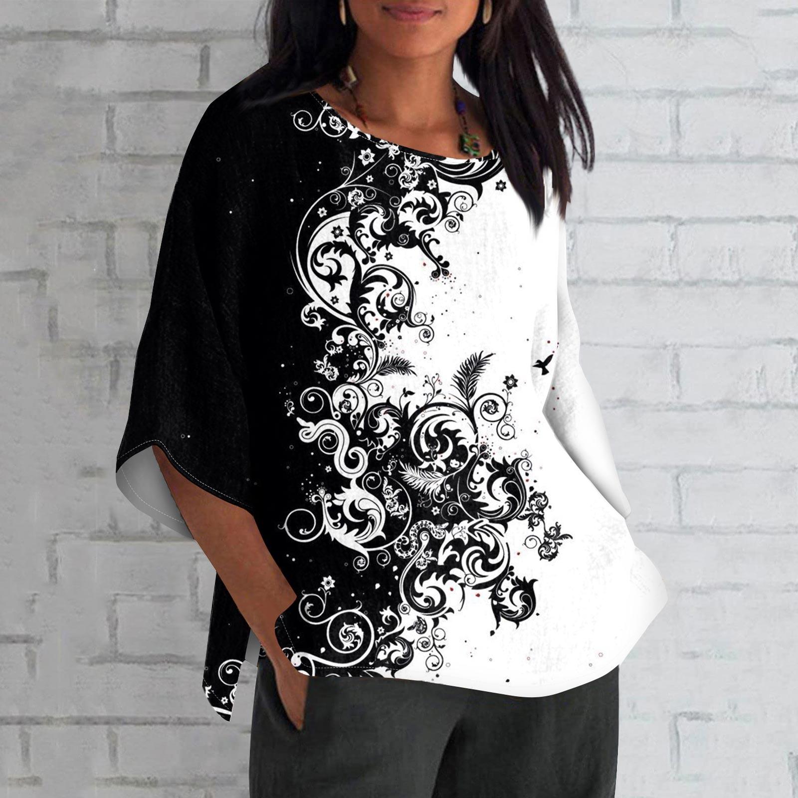 

Рубашка для женщин, модная повседневная свободная футболка с круглым вырезом и рукавами 3/4, женский топ L чёрный