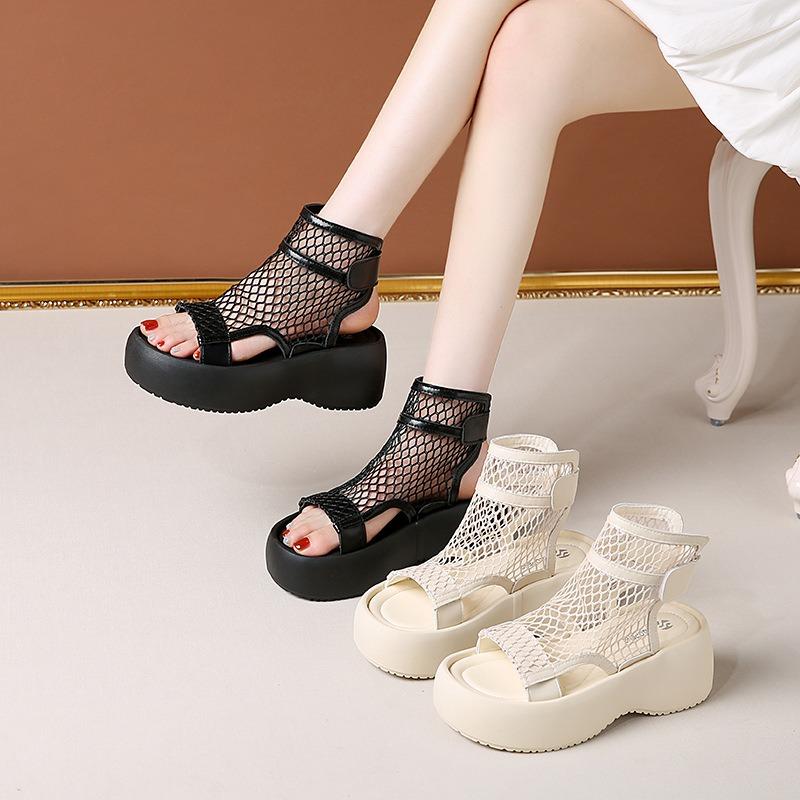 Niche Woven Hollow Fishing Mesh Shoes Thick-soled Muffin High-top Sandals Small Cold Boots Women's Shoes