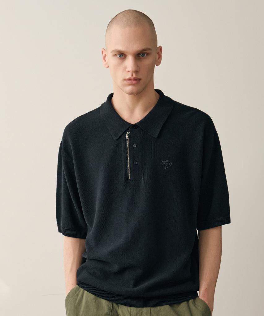 HELEMENT Knit Zip-Up Collared Short Sleeve (Navy)
