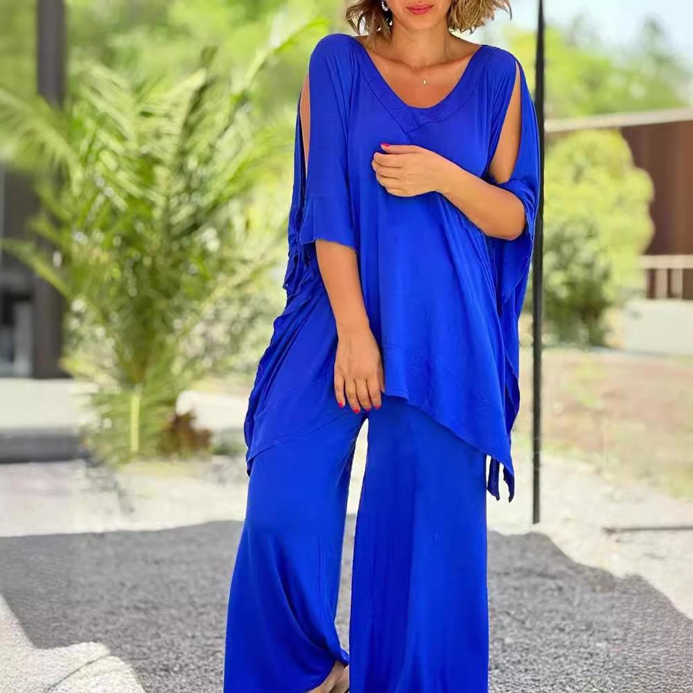 Women's Loose Boho Two Piece Set Casual Pullover Short Sleeve Top Wide Leg Pants Set Oversized Summer Outfits