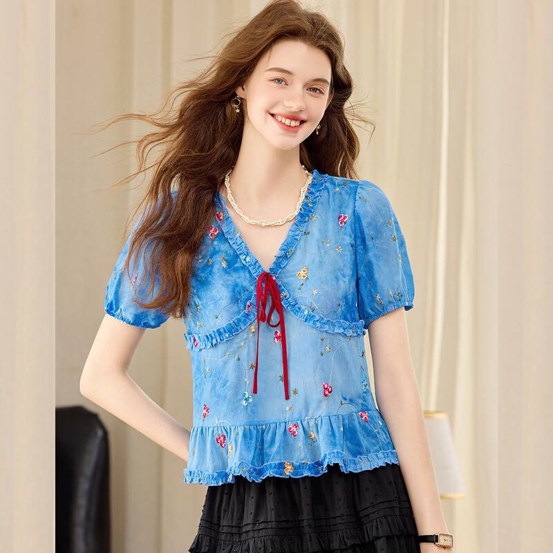 Bailuyu Tie-Dye Ruffle Trim Short Sleeve Blouse M