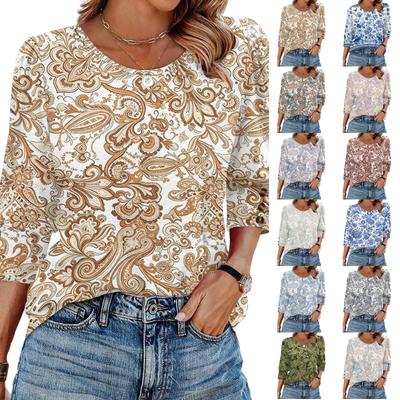 Women's Casual Loose Fit Top Round Neck Three Quarter Sleeve Blouse Button Detail Lightweight Fabric Relaxed Fit
