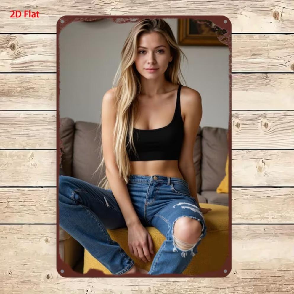 Vertical Metal Tin Sign Blonde Woman Yellow Crop Top Denim Shorts Wildflower Scenery Wall Hanging Decor