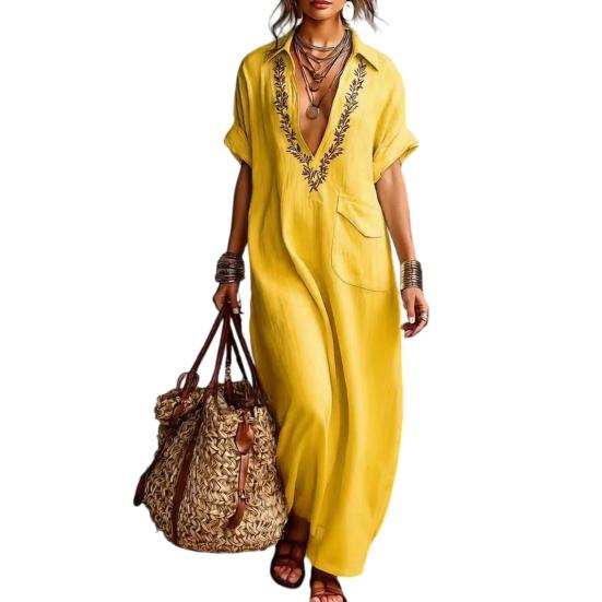 Sommer Baumwoll-Leinen Maxikleid für Damen Lässig V-Ausschnitt Kurzarm Fließendes Strand-Sonnenkleid Bestickte Tunika Langes Kleid mit Tasche