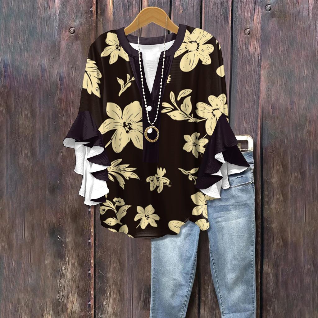 Summer Tops For Women Cute V Neck 3/4 Sleeve Blouses Floral Print Top Casual Shirts