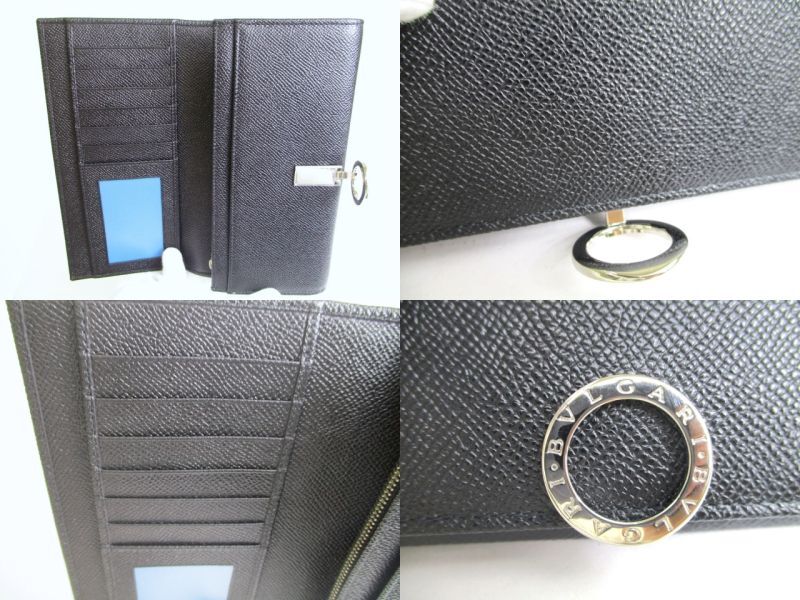 Authentic BVLGARI Black Leather Logo Clip Flap Long Wallet #a223  Refurbished