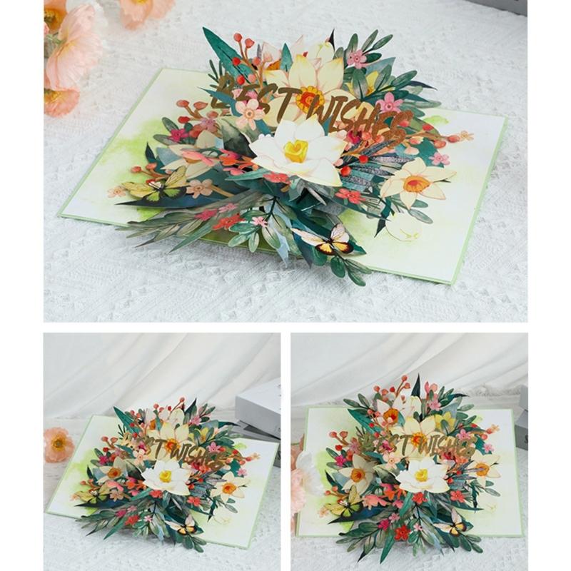 3D Popup Colorful Flower Celebration Card Foldable Paper Card with Envelope Handmade Florals Greeting Card for Mother