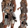Shirt Dress Leopard Print Roll Up Sleeve Women Waist Tie Lapel Dress for Dating