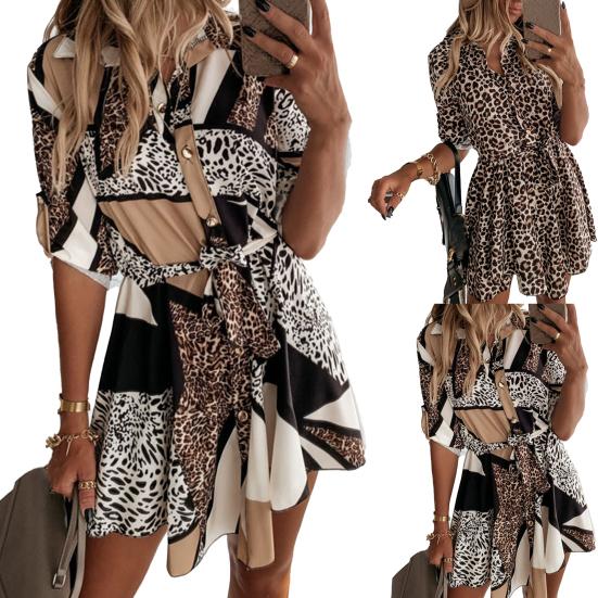 Shirt Dress Leopard Print Roll Up Sleeve Women Waist Tie Lapel Dress for Dating