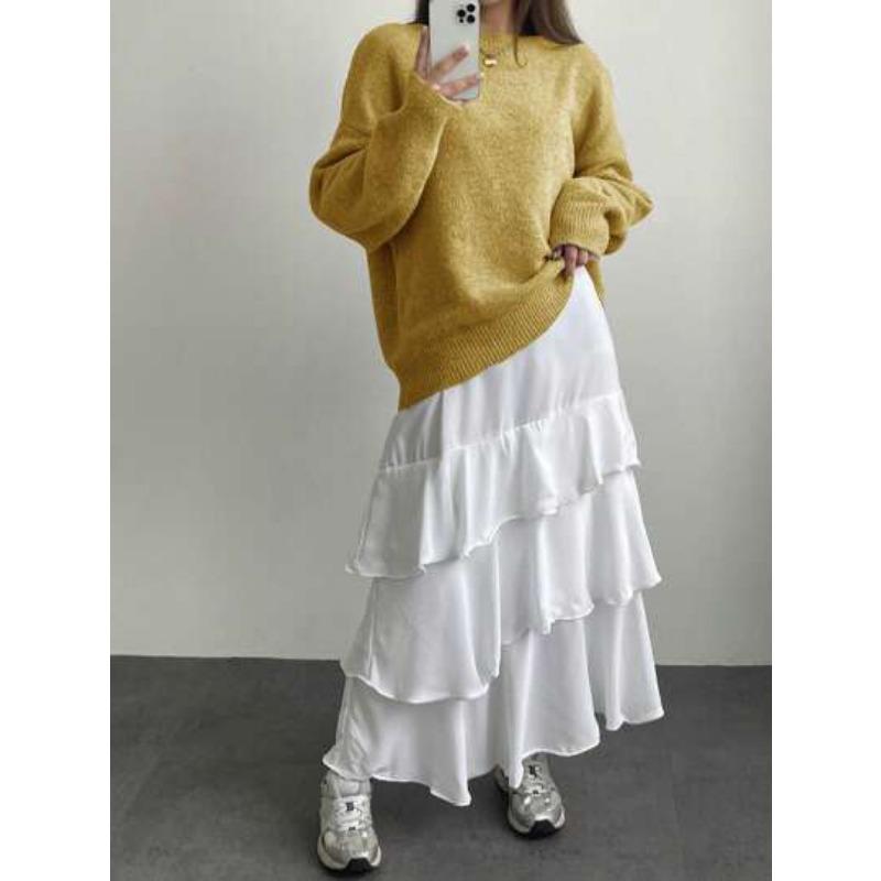 Autumn and winter new simple pullover knitted sweater crew neck sweater women's loose versatile lazy style solid color top tide