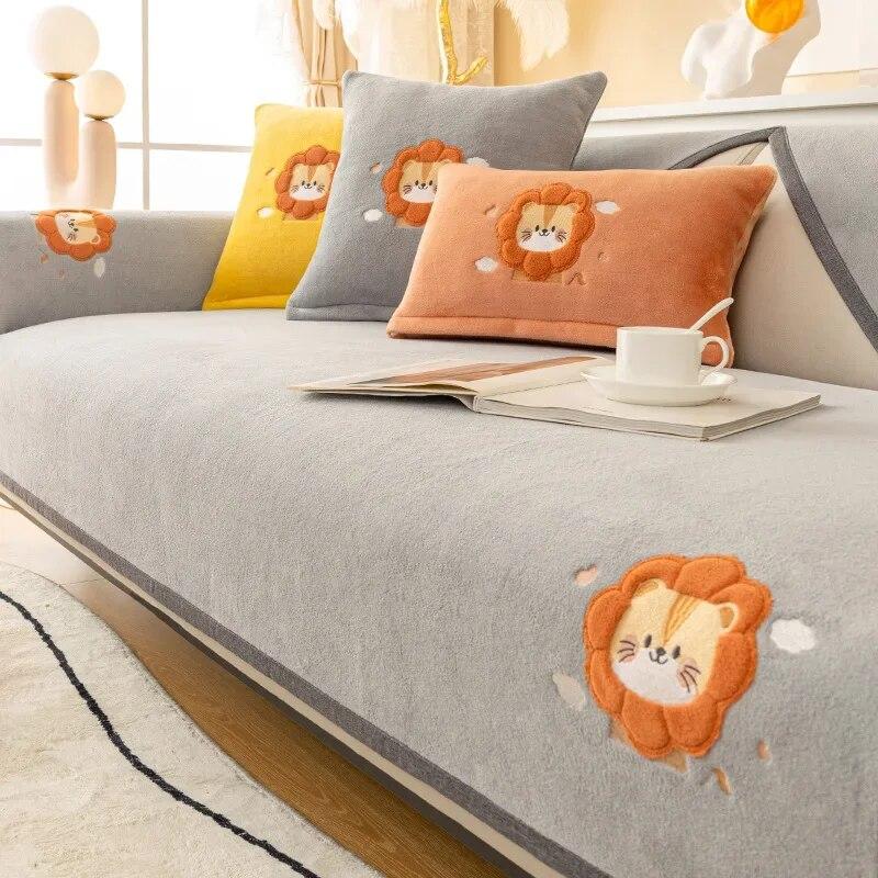Cartoon Lions Plush Sofa Cover Winter Thickening Super Soft Warm Cushions Non-Slip Living Room Leather Sofa Backrest Armrests