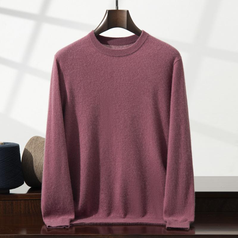 2025 new cashmere shirt men's round neck solid color pullover sweater with knitting inside