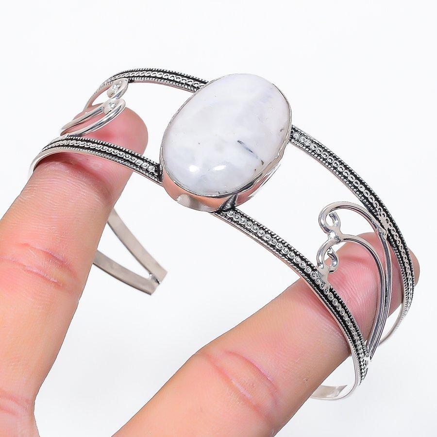 Natural Moonstone Gemstone 925 Sterling Silver Cuff Bangle Adjustable b3d34