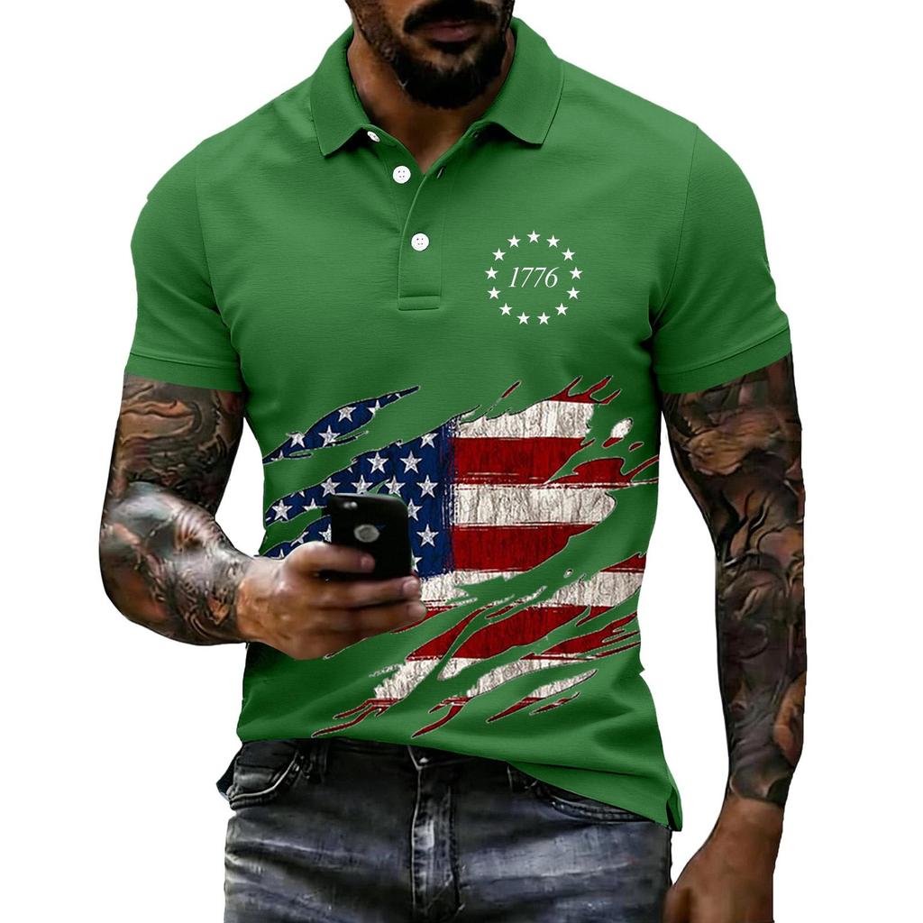 Men's Loose Fit Casual Polo Shirt Short Sleeve Flag Print 1776 Graphic Design Button Collar Summer Top