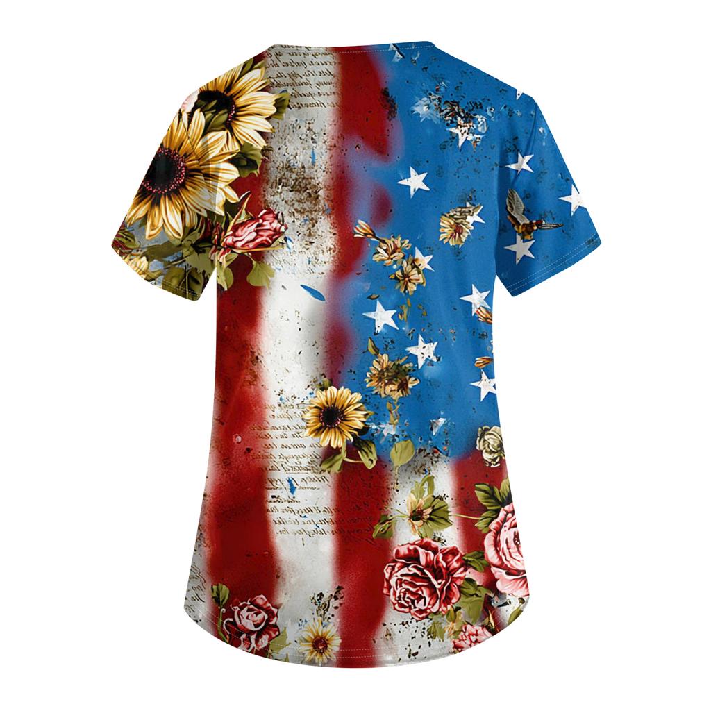 Damen Kurzarm Unabhängigkeitstag Aufdruck V-Ausschnitt Tasche Arbeitskleidung Oberteil