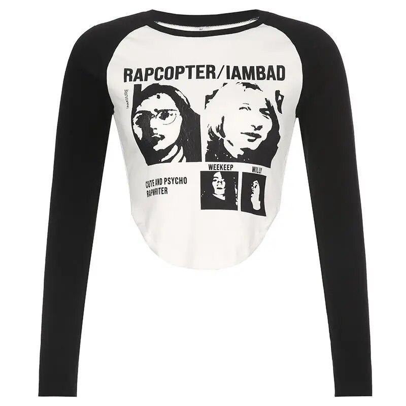 Y2k oblečení černobílý vzor portrétní potisk lem ve tvaru U raglánové rukávy triko s dlouhým rukávem jarní a podzimní dámské oblečení